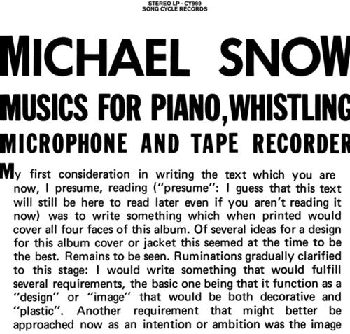 Michael Snow: Musics For Piano Whistling Microphone & Tape - VINYL LP